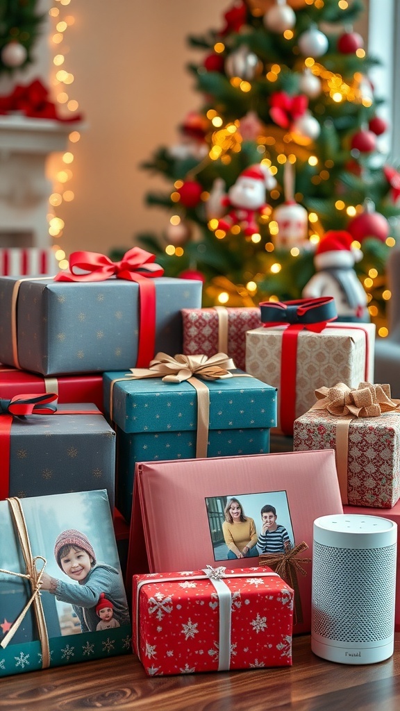 An assortment of Christmas gifts including wrapped boxes, a blanket, and a photo album in a festive setting.